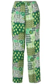Viskose-Hose mit elastischem Bund, geradem Bein, grün gemustert mit verschiedenen floralen und geometrischen Mustern in Hellgrün, Dunkelgrün, Weiß und Schwarz
