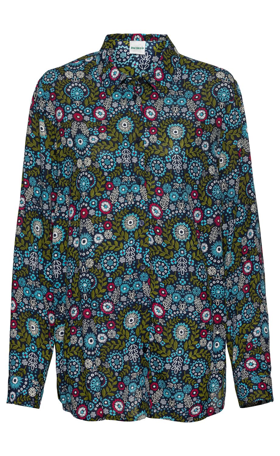 Viskose-Bluse mit langem Ärmel, klassischem Kragen und Knopfleiste, dunkelblau mit buntem floralen Muster in Grün, Hellblau, Weiß und Rot, locker sitzend, leichter Stoff