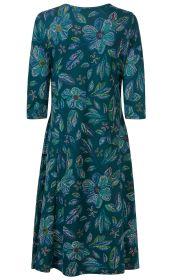 Dunkelgrünes Viskose-Kleid mit 3/4-Ärmeln und ausgestelltem Rock, allover floralem Muster in Blau-, Grün- und Gelbtönen, Rückansicht, knieumspielend