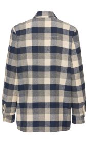 Rückansicht einer Baumwoll-Bluse mit groß kariertem Muster in Blau, Grau und Creme, langärmlig mit Kentkragen und geknöpften Manschetten