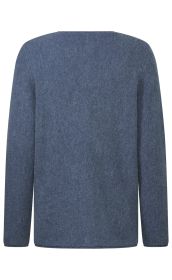 blauer Pullover aus feinem Strickstoff, langärmlig, gerader Schnitt, einfache Rückansicht ohne Muster oder Verzierungen, mittlere Länge