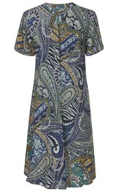 Viskose-Kleid mit kurzem Arm, A-Linie Schnitt, Rückansicht, farbenfrohes Paisley- und Blumenmuster in Blau, Gelb, Türkis und Lila, leicht fließender Stoff