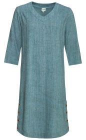 Baumwoll-Kleid in Melange-Blau, knielang, V-Ausschnitt, 3/4-Ärmel, gerade Passform, seitlich mit Reihen von Naturholz-Knöpfen, lässiger Stil, Größe 38, feine Webstruktur sichtbar