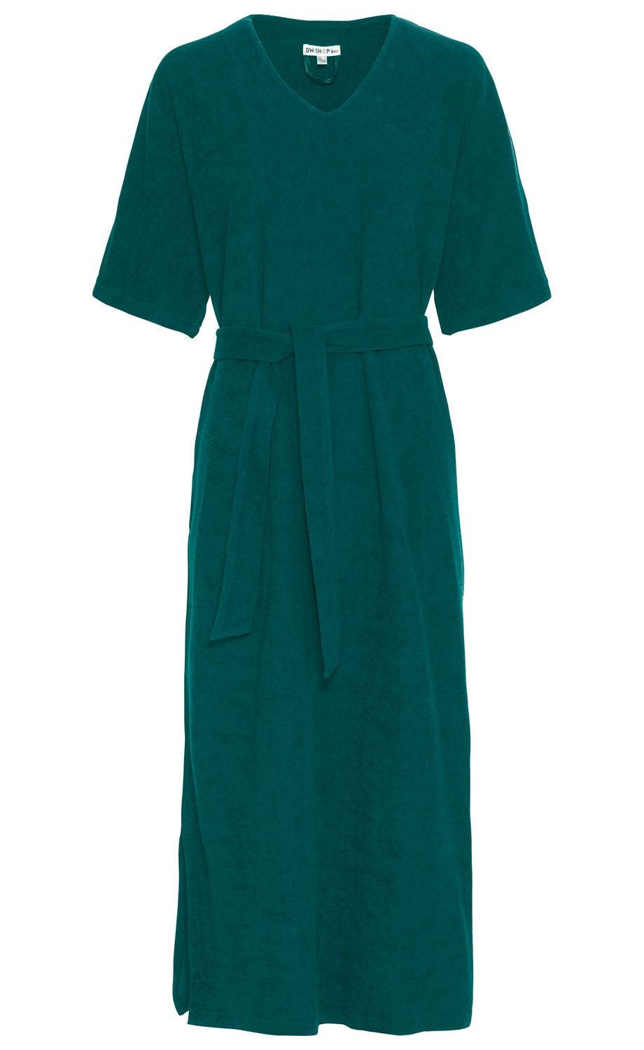 Baumwoll-Hauskleid aus weichem, grünem Stoff, knielang, mit halblangen Ärmeln, V-Ausschnitt und Stoffgürtel zum Binden in der Taille, schlicht und bequem, seitlicher Schlitz am Saum