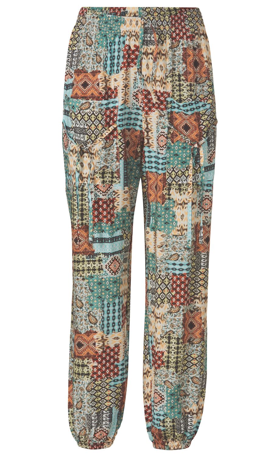 Viskose-Hose mit elastischem Bund und Tunnelzug, locker geschnitten, elastische Beinabschlüsse, bunte Ethno-Muster in Türkis, Braun, Rot, Beige und Schwarz, zwei aufgeprägte Taschen vorne, leichte Stoffqualität