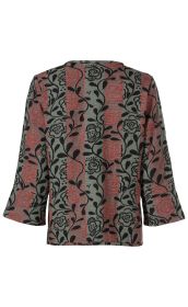 Baumwoll-Jacke, Rückansicht, mittellanger Schnitt, 3/4-Ärmel, gestreift in gedecktem Grün und Rosa, florales Muster in Schwarz und Rot, strukturierter Stoff, keine sichtbaren Verschlüsse