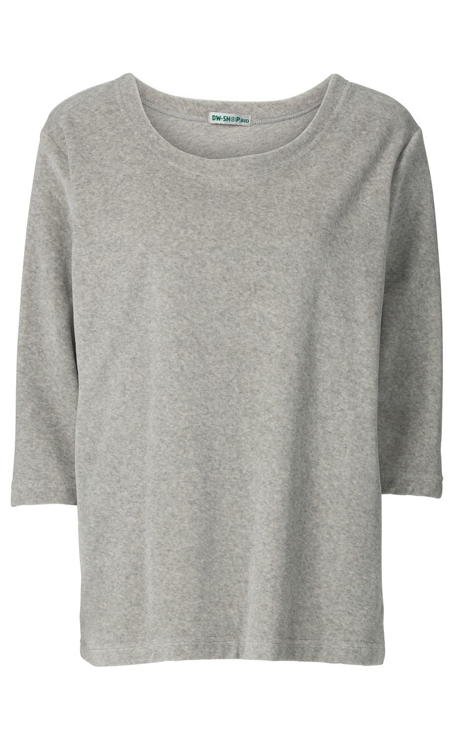 Hellgraues Baumwoll-Shirt mit rundem Ausschnitt und 3/4-Ärmeln, schlichte Verarbeitung, leicht melierte Textur, label im Halsausschnitt sichtbar, gerade geschnittenes Oberteil ohne Muster oder Verzierungen.