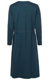 Baumwoll-Kleid in dunklem Blau, langärmlig, knielang, von hinten mit rundem Ausschnitt und Taillengürtel, einfacher Schnitt ohne Muster oder Verzierungen