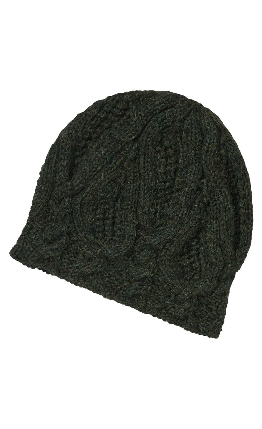 dunkelgrüne gestrickte Wollmütze mit Zopfmuster, eng anliegend, winterliche Strickmütze aus grober Wolle