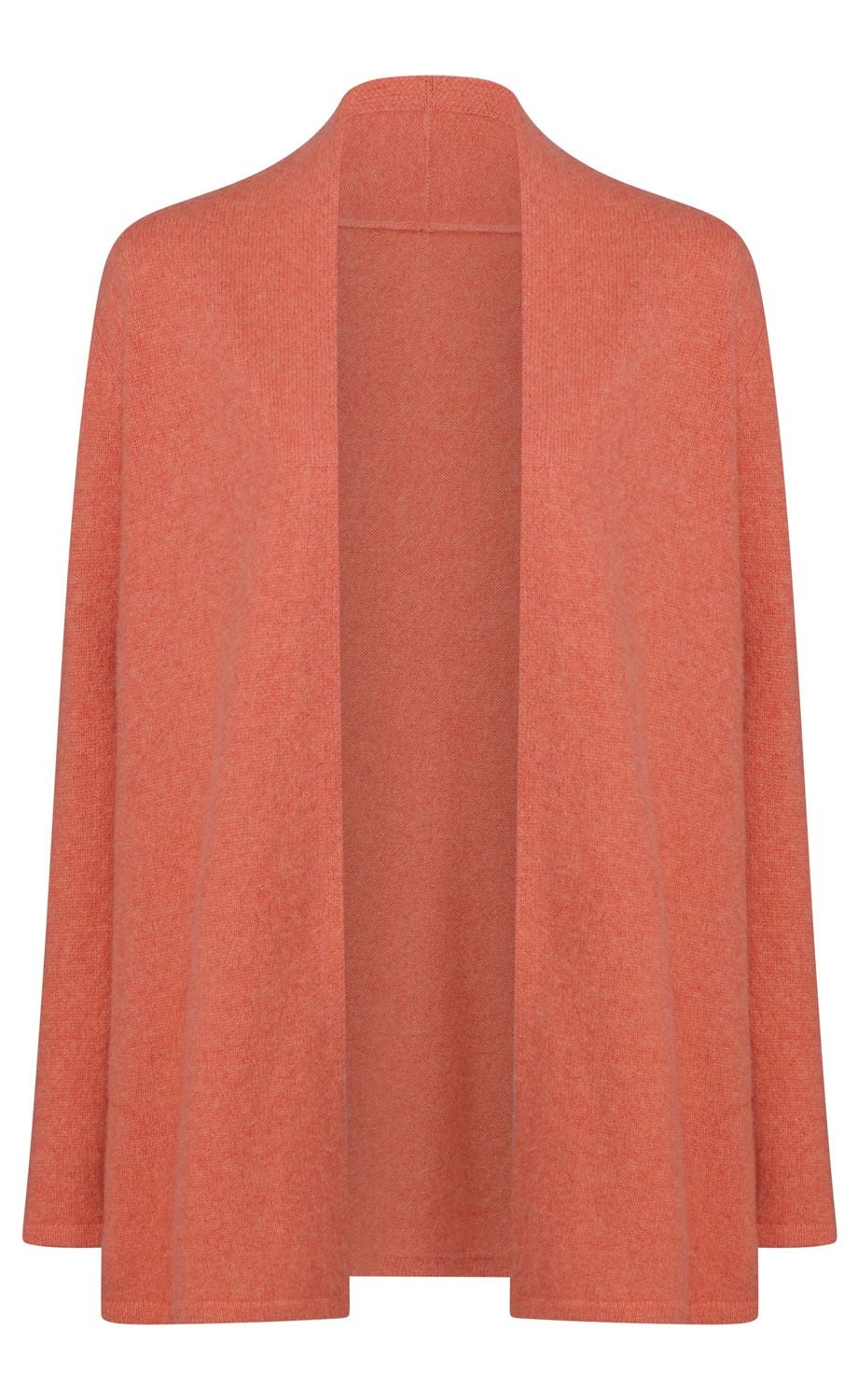 offener Damenstrickcardigan in lachsfarben, langärmelig, gerade geschnitten, weiches Material, ohne Verschluss, locker fallend
