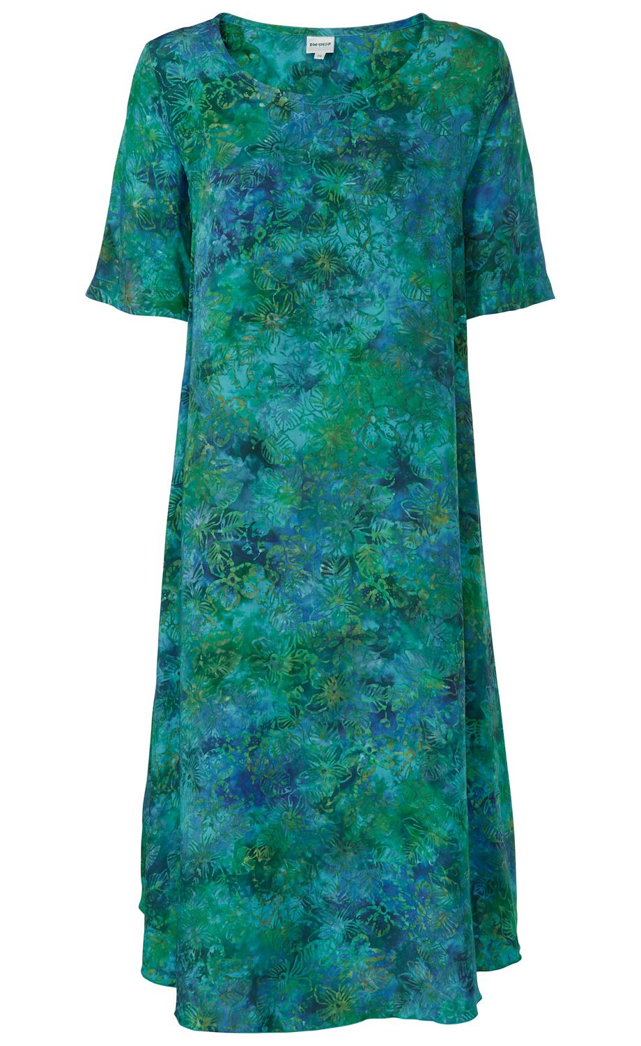 Viskose-Kleid mit halblangen Ärmeln, lockerem Schnitt, rundem Ausschnitt, grün-blauem Blumen- und Blattmuster, fließender Stoff, knielang