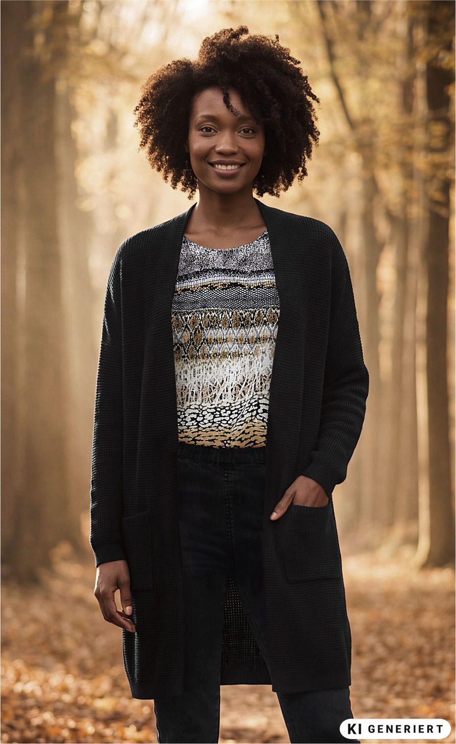 Frau trägt schwarzen Baumwoll-Mix-Strickmantel mit Taschen, darunter gemustertes Shirt in Naturtönen, steht lächelnd im herbstlichen Wald mit Laub auf dem Boden und Bäumen im Hintergrund