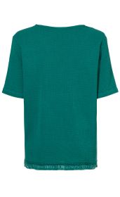 grüne Bluse Größe 36 mit kurzer Ärmel, strukturierter Stoffoberfläche, Rückansicht, gerade geschnittener Saum mit feiner Spitzenborte, Rundhalsausschnitt, schlichte und elegante Damenbluse