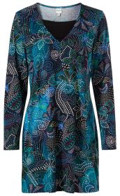 Damen Baumwoll-Mix-Shirt mit langem Arm, V-Ausschnitt, schwarz-blau-grünem Paisley-Punktmuster, figurbetont und leicht tailliert.