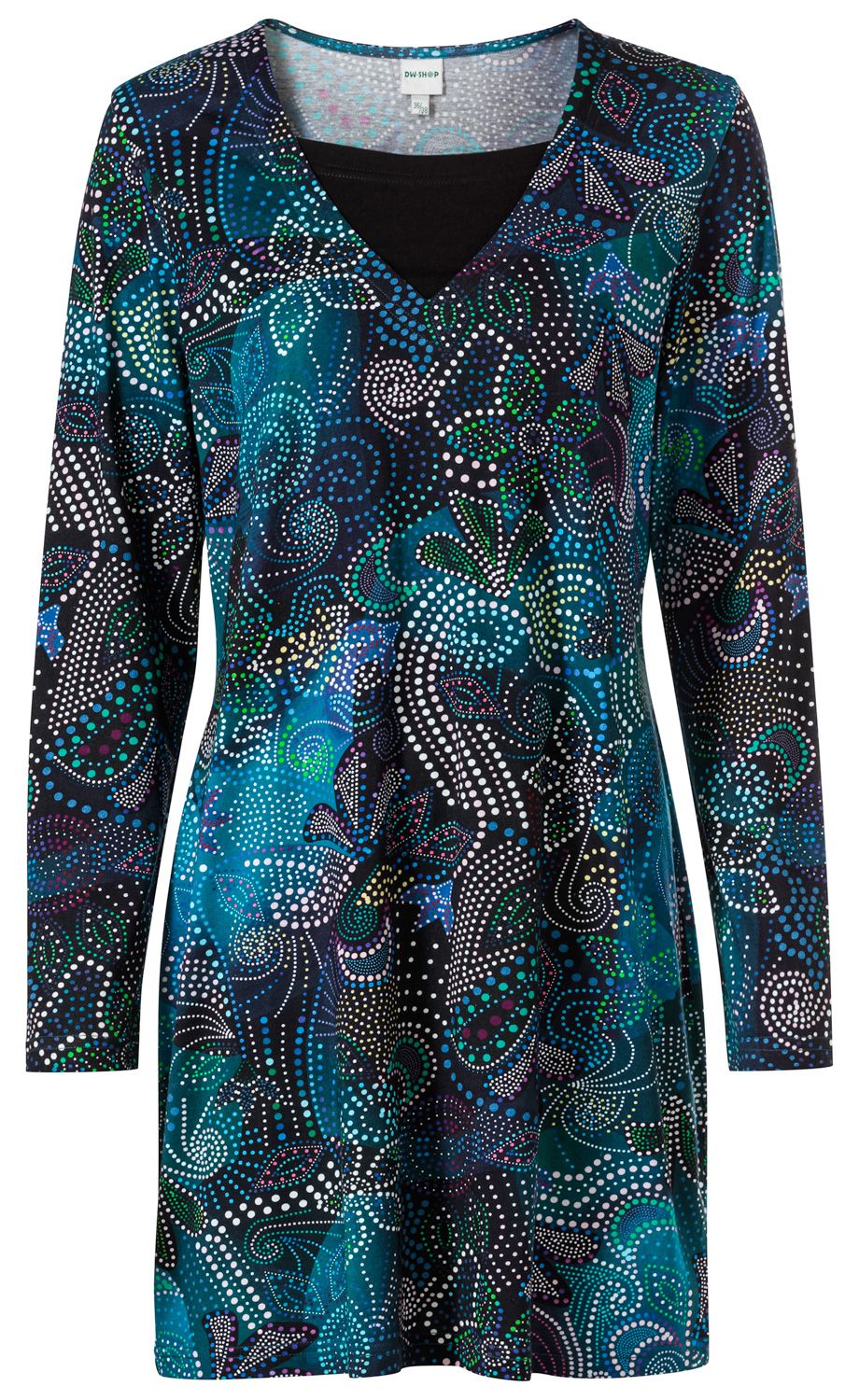 Damen Baumwoll-Mix-Shirt mit langem Arm, V-Ausschnitt, schwarz-blau-grünem Paisley-Punktmuster, figurbetont und leicht tailliert.