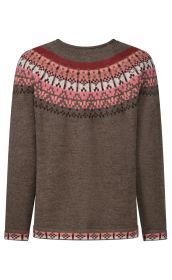brauner Strickpullover mit Rundhalsausschnitt, Norwegermuster in rosa, rot, weiß und dunkelbraun über Schulterbereich und Saum, lange Ärmel, warme Winterbekleidung