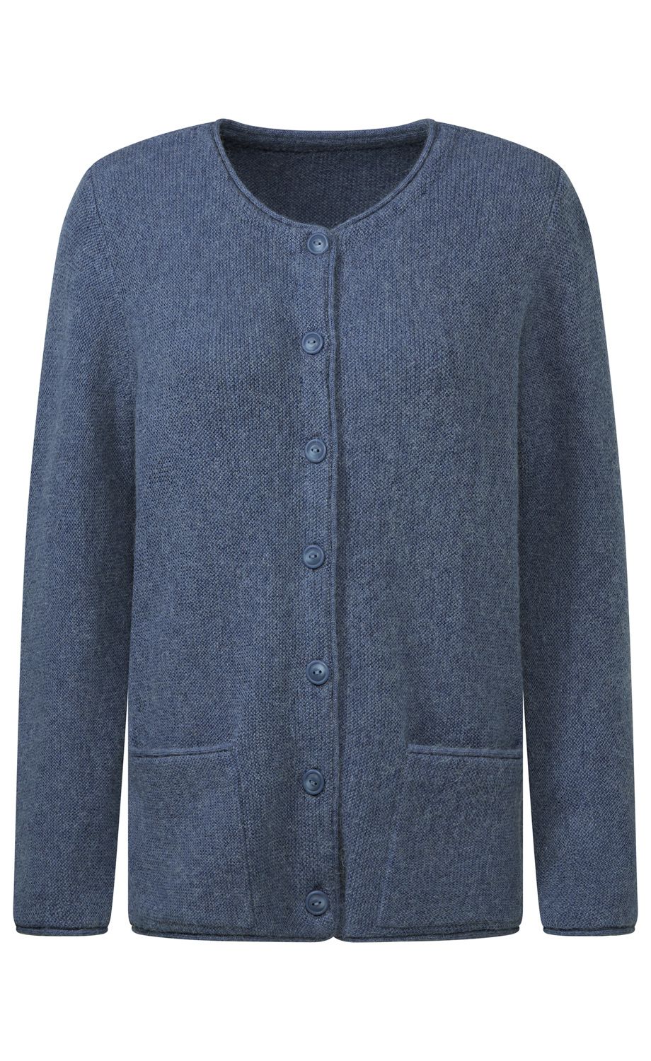 blaue Strickjacke mit Rundhalsausschnitt, langen Ärmeln, durchgehender Knopfleiste und zwei aufgesetzten Taschen vorne, einfache und schlichte Optik