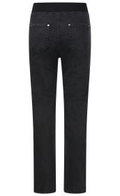 Schwarze Jeanshose mit geradem Schnitt, zwei aufgesetzten Gesäßtaschen mit Nieten, elastischem Bund ohne Verschluss, Rückansicht, einfache Nahtdetails, klassisches Denim-Design.