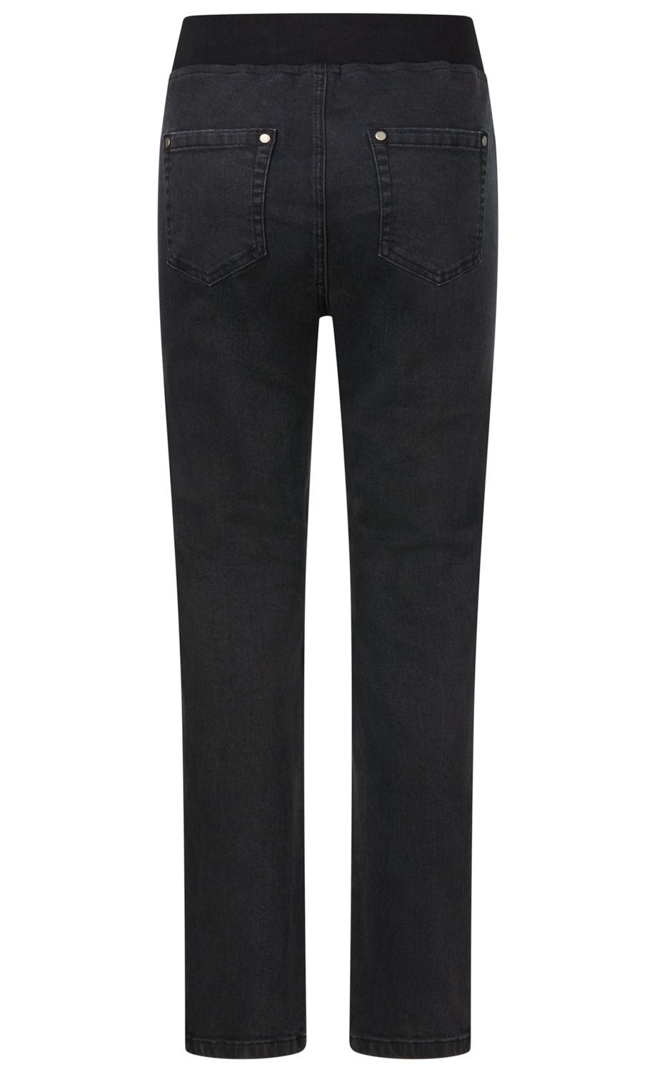 Schwarze Jeanshose mit geradem Schnitt, zwei aufgesetzten Gesäßtaschen mit Nieten, elastischem Bund ohne Verschluss, Rückansicht, einfache Nahtdetails, klassisches Denim-Design.