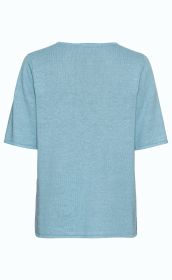 Leinen-Mix-Pullover in Hellblau, Rückansicht, kurze Ärmel, rundhals, feine Strickstruktur, gerader Schnitt, schlichtes Design, leichte Textur