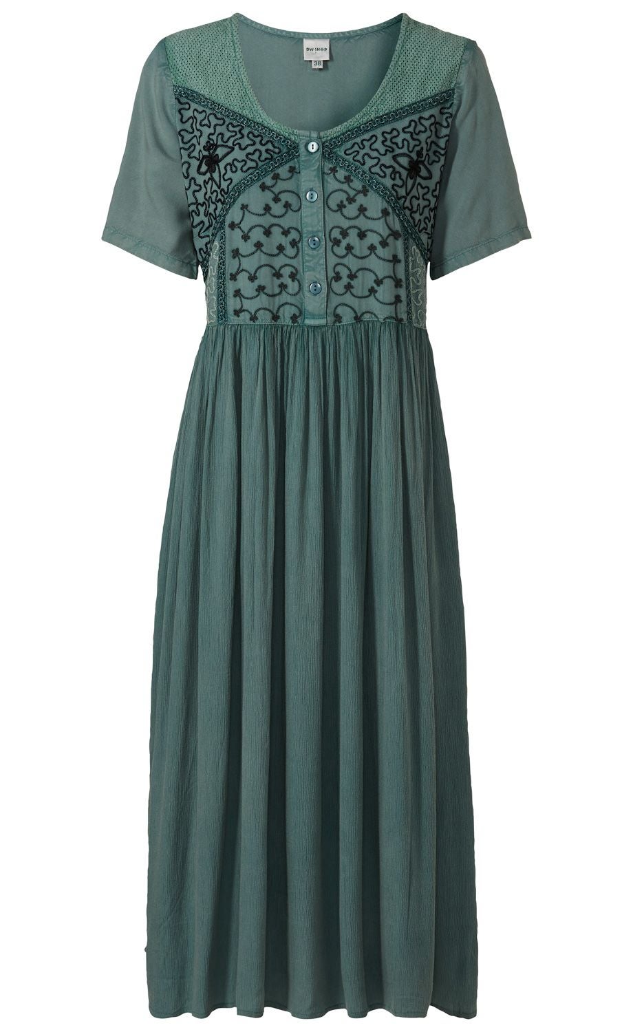 grünes Viskose-Kleid mit kurzen Ärmeln, Rundhalsausschnitt, und Knopfleiste vorne, Oberteil mit schwarzen Stickereien und luftiger, geraffter Rock aus leichtem Stoff