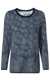 Baumwoll-Pullover mit floralem und Paisley-Muster in Blau- und Grüntönen, Rundhalsausschnitt und langen Ärmeln, feines Strickmaterial