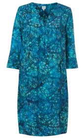 Blau-grünes Viskose-Kleid mit 3/4-Ärmeln, floralem Batikmuster, V-Ausschnitt und gerade geschnittenem Saum, Größe 36.