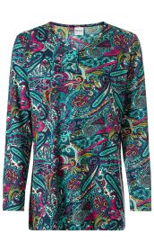 Baumwoll-Shirt mit langem Arm und Henley-Ausschnitt, buntes Paisley-Muster in Pink, Türkis, Gelb und Weiß