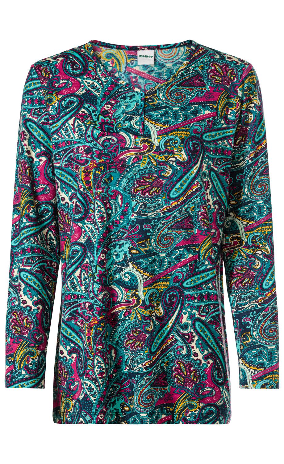 Baumwoll-Shirt mit langem Arm und Henley-Ausschnitt, buntes Paisley-Muster in Pink, Türkis, Gelb und Weiß
