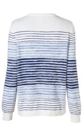 Viskose-Pullover, weiß mit horizontalen Streifen in verschiedenen Blau- und Weißtönen, Langarm, Rundhalsausschnitt, gerippte Bündchen an Ärmeln und Saum, Rückansicht, leichter, angenehmer Stoff