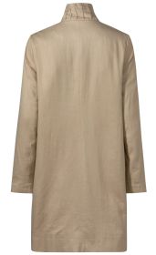 Beige Viskose-Mix-Jacke für Damen, Rückansicht, mit Stehkragen, langen Ärmeln und geradem Schnitt, glatte Struktur, knielang