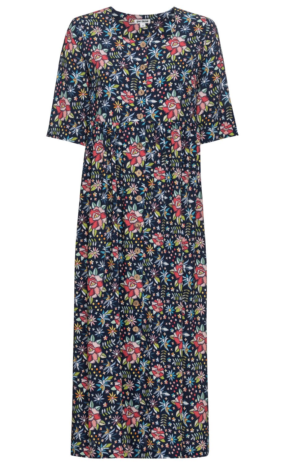Viskose-Kleid mit knielangem Schnitt, 3/4-Ärmeln, dunkelblauem Hintergrund und buntem Blumenmuster, durchgehende Knopfleiste vorne und leicht taillierter Bund.
