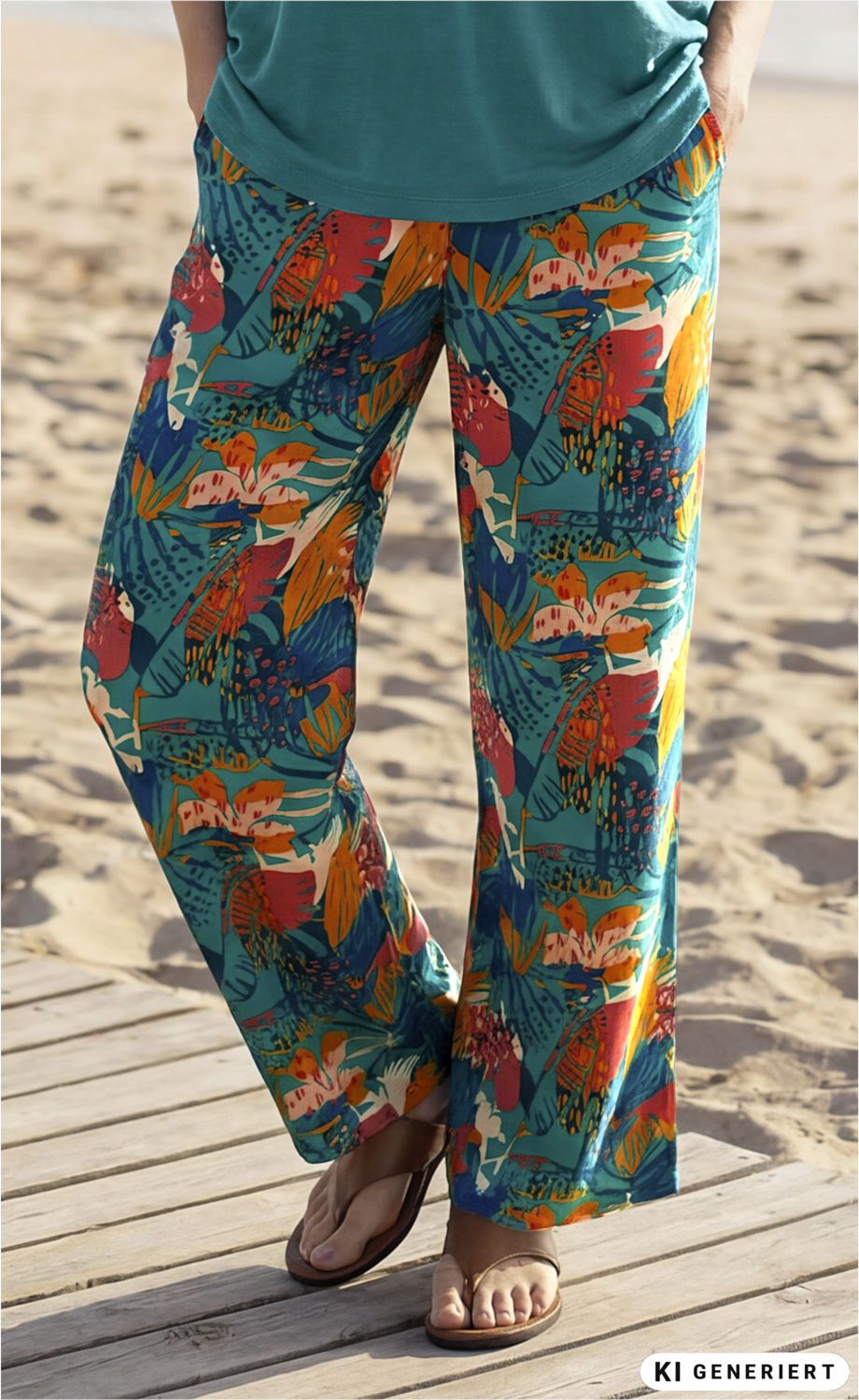 Beine einer Person am Strand mit bunter, locker sitzender Viskose-Hose in Türkis mit floralen und tropischen Mustern in Orange, Rot, Gelb und Weiß, dazu braune Flip-Flops auf Holzplanken.