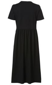Schwarzes Baumwollkleid mit kurzen Ärmeln, rundem Ausschnitt, hochgesetzter Taille und weitem, gerafftem Rock, Rückansicht
