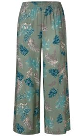 Grüne Viskose-Hose mit weitem Bein, elastischem Bund und allover Blumendruck in Blau-, Beige- und Brauntönen, locker sitzend, lässig und bequem.