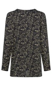 Damenlangarmshirt in Schwarz mit beigem floralem Muster, leichte Passform, rundhals, Rückansicht, keine weiteren Verzierungen oder Details sichtbar