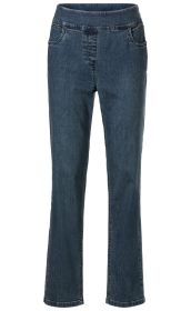 Dunkelblaue Baumwoll-Mix-Hose mit geradem Bein, elastischem Bund ohne sichtbaren Verschluss, zwei vordere Taschen, dezente Nahtdetails, klassischer Jeansstil, schlicht und bequem.