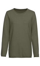 Olivgrüner Baumwoll-Pullover mit Rundhalsausschnitt und langen Ärmeln, schlichtes Design ohne Muster, gerade geschnittener Bund und Ärmelabschlüsse, strukturiertes Strickmuster sichtbar