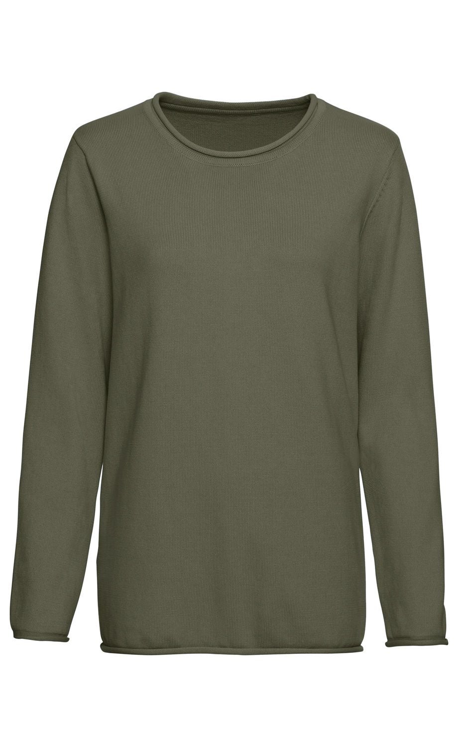 Olivgrüner Baumwoll-Pullover mit Rundhalsausschnitt und langen Ärmeln, schlichtes Design ohne Muster, gerade geschnittener Bund und Ärmelabschlüsse, strukturiertes Strickmuster sichtbar