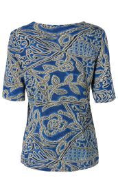 Viskose-Shirt in Blau mit kurzen Ärmeln, Rückansicht, gemustert mit floralen und abstrakten beigen Linien- und Blattmotiven, Rundhalsausschnitt, gerader Saum