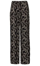 Schwarze weite Viskose-Hose mit elastischem Bund, weißem Blatt- und Zweigmuster durchgehend bedruckt, bequemer Schnitt, lange Beine