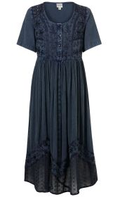 Dunkelblaues Viskose-Kleid mit kurzen Ärmeln, Knopfleiste vorne, besticktem Oberteil und unterem Saum mit transparenten, bestickten Details, lockerem, gerafftem Rockteil, Rundhalsausschnitt, Größe 38