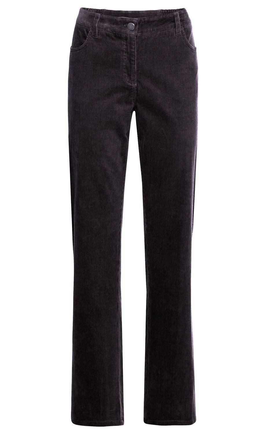 Baumwoll-Hose aus schwarzem Cordstoff, gerade geschnitten, mit Gürtelschlaufen, zwei Seitentaschen, Knopf- und Reißverschluss vorne, klarer Schnitt ohne Muster oder Verzierungen.