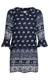 Dunkelblaue Viskose-Tunika mit weißem Elefanten- und Paisley-Muster, 3/4-Ärmeln mit Volant, V-Ausschnitt, gerade geschnitten, locker sitzend