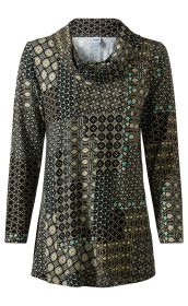 Viskose-Mix-Shirt mit langem Arm, Rollkragen und Patchwork-Muster in Schwarz, Beige und Türkis, geometrische und florale Motive, locker geschnitten