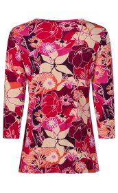 langärmliges Damenoberteil mit rundem Ausschnitt, florales Muster in rot, pink, beige und orange, verschiedene Blumenarten, stilisiert, harmonische Farbkombination, Rückansicht