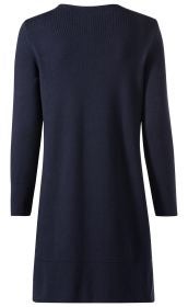 Baumwoll-Mix-Kleid navyblau, langärmlig, gerade geschnitten, schlichter Rücken, mittellang, gerippter Rundhalsausschnitt, feiner Strickstoff