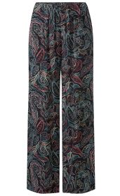 Viskose-Hose mit weitem Bein, schwarzer Grundfarbe, bunter Paisley-Print in Rot-, Blau- und Beigetönen, elastischem Bund, fließender leichter Stoff, legere Passform