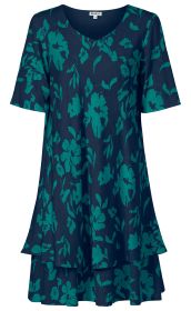 Damen Baumwoll-Mix-Kleid in Dunkelblau mit türkisfarbenem floralem Muster, V-Ausschnitt, kurzen Ärmeln und mehrlagigem, leicht ausgestelltem Rockteil