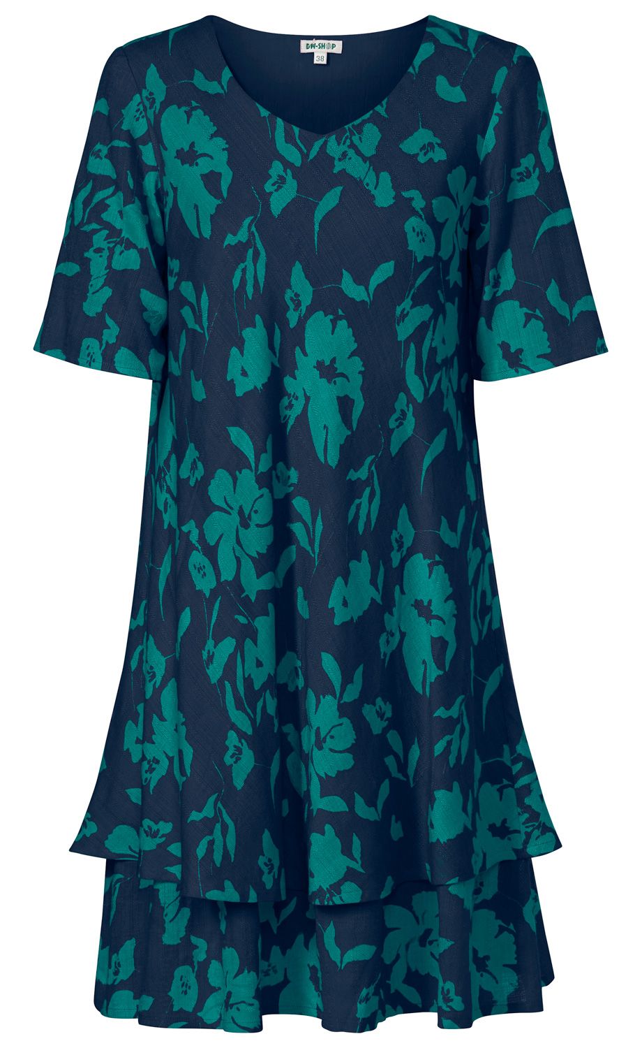 Damen Baumwoll-Mix-Kleid in Dunkelblau mit türkisfarbenem floralem Muster, V-Ausschnitt, kurzen Ärmeln und mehrlagigem, leicht ausgestelltem Rockteil